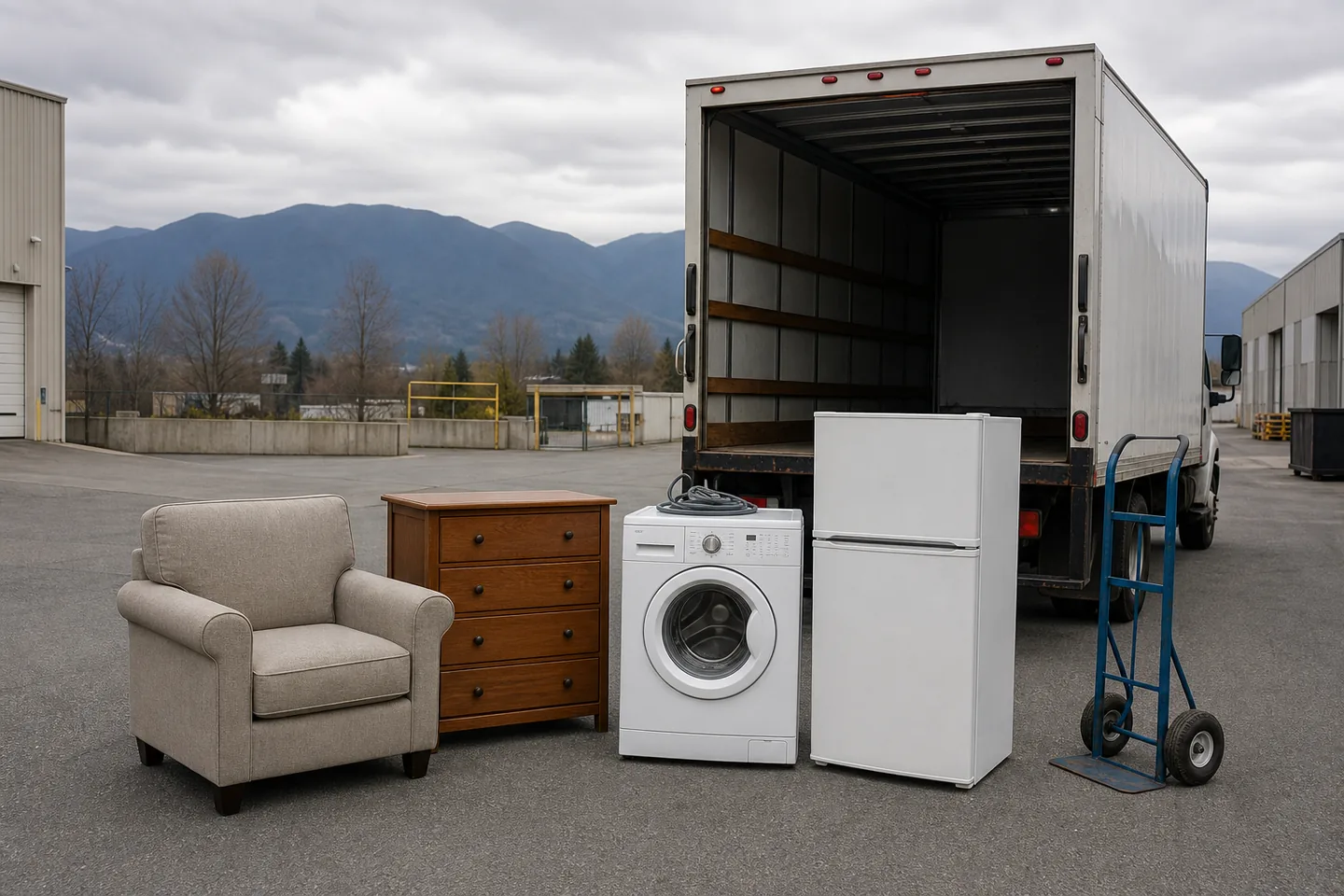 Illustrative furniture and appliance staging beside an unbranded box truck in the Fraser Valley.