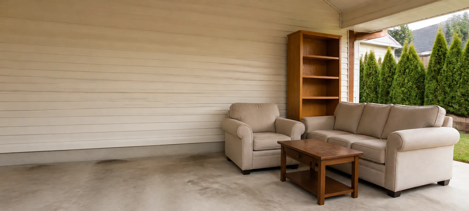 Household furniture prepared in a clear removal area.