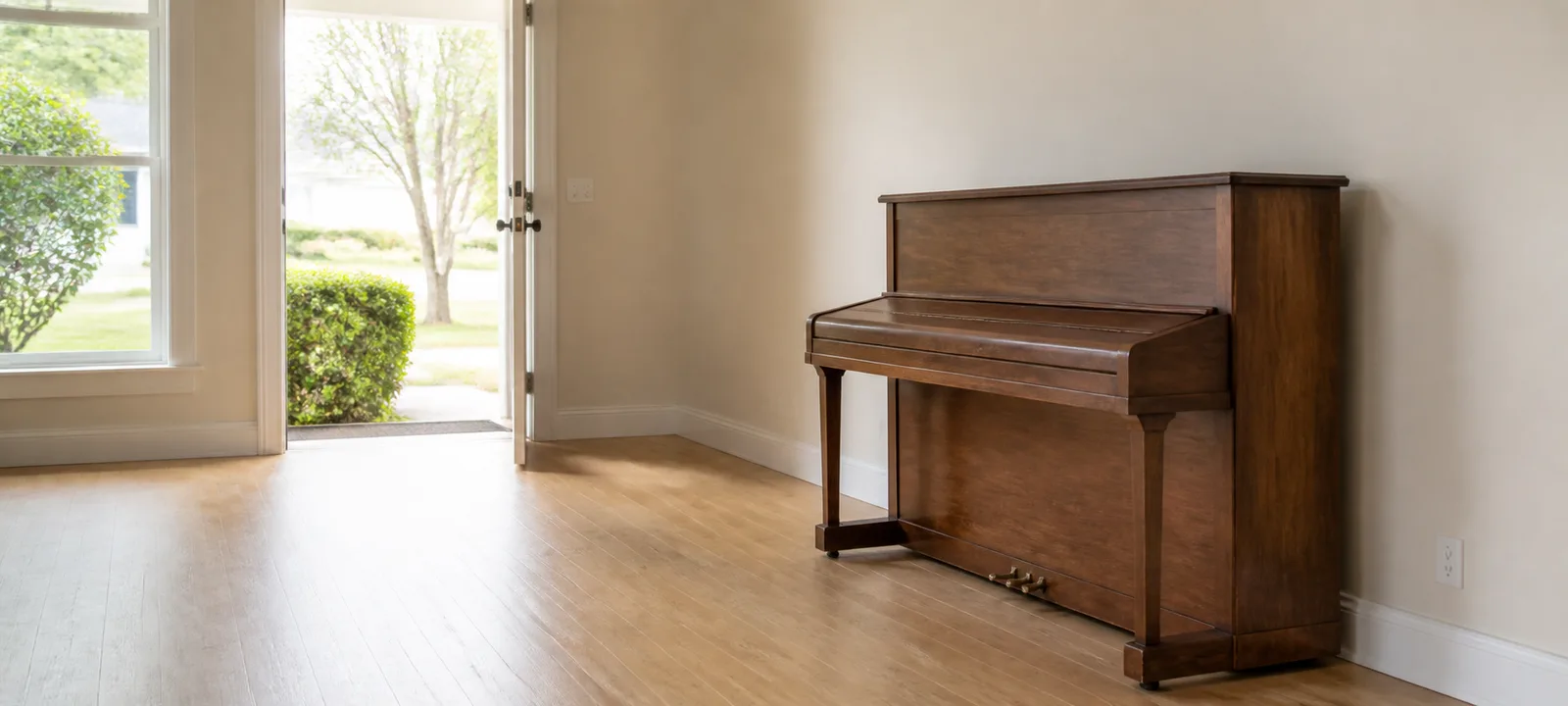 An upright piano beside a clear carrying path.