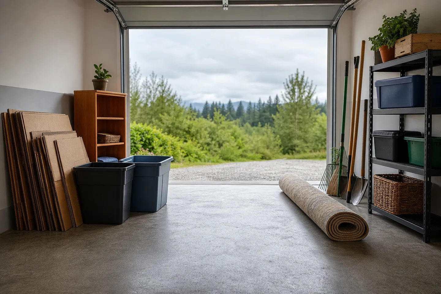 Illustrative organized garage cleanout with household contents sorted beside a clear central aisle.